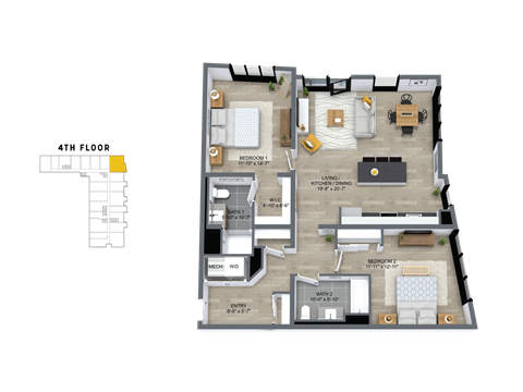 Floor plan for 2 beds, 2 baths, 1270 sqft